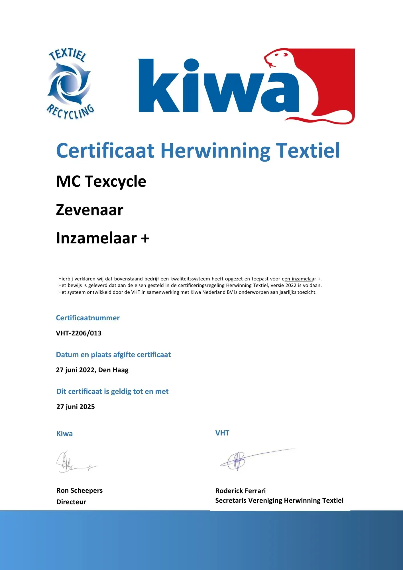VHT Kiwa Certificaat